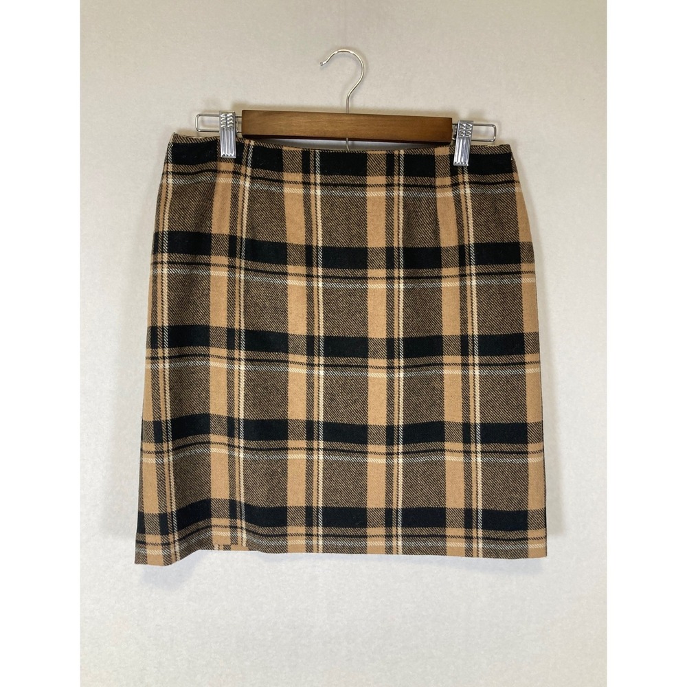 Dark Academia Ann Taylor Women 6 Camel Black Wool Blend Plaid Mini Pencil Skirt